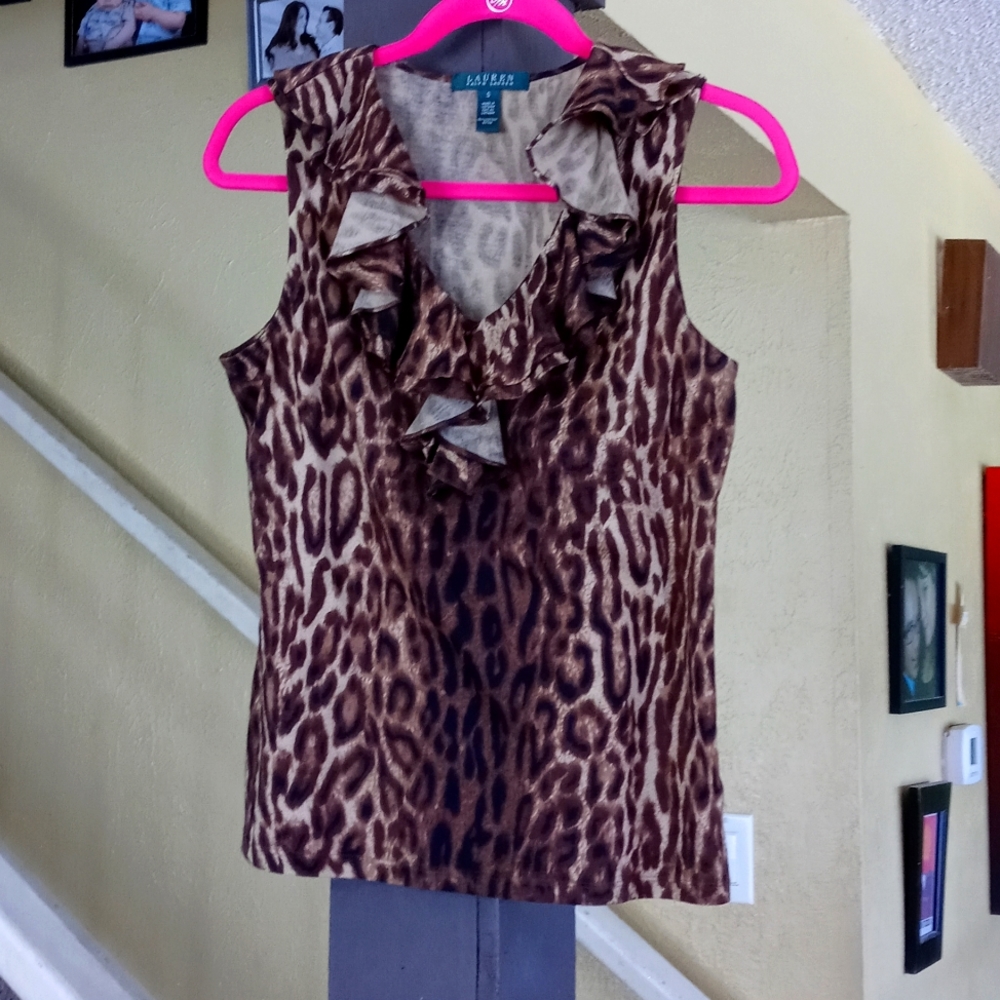 Lauren Ralph Lauren Animal Print Sleeveless Plunging Neckline Blouse Women's Sm